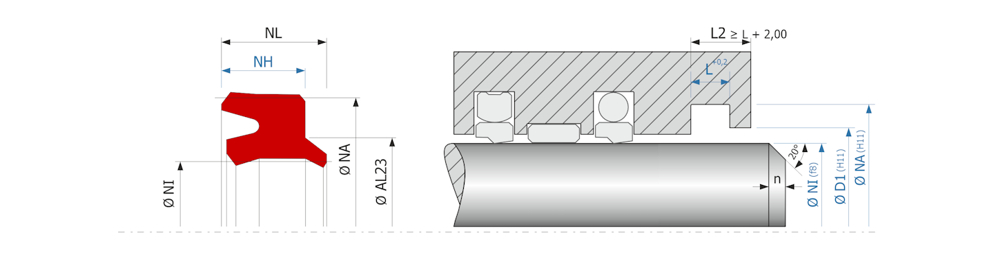 Obrázok zobrazuje príklad použitia a výkres uloženia stieracieho krúžku MEGAseal MSW11