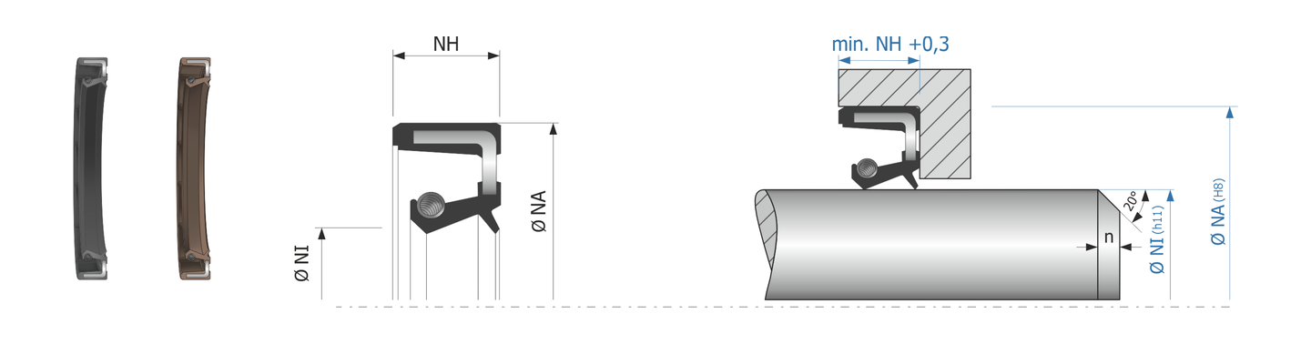 Obrázok zobrazuje príklad použitia a výkres uloženia rotačného tesnenia MEGAseal MOS-A11