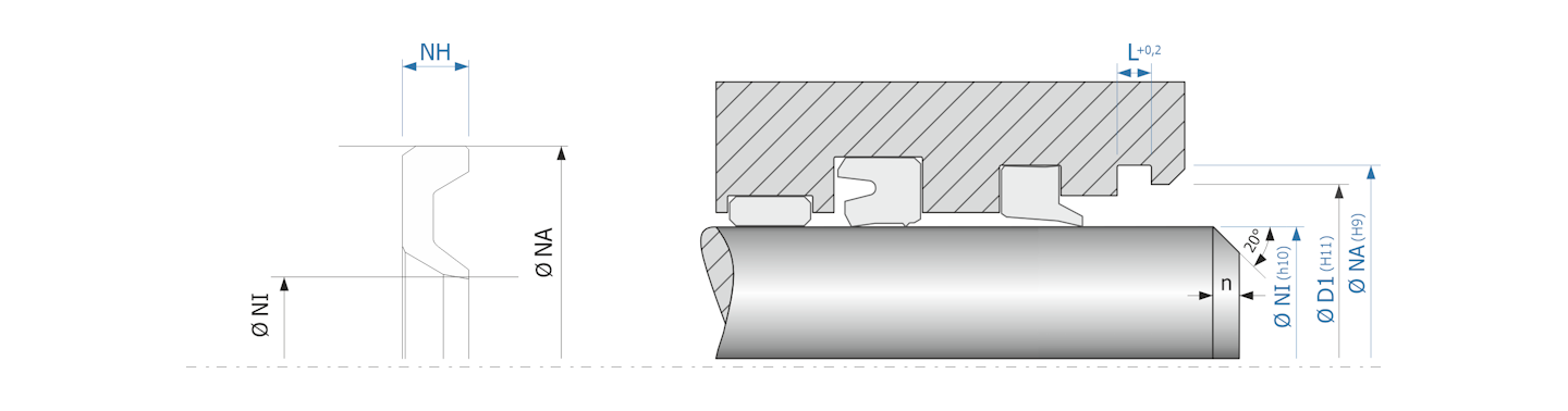 Obrázok zobrazuje príklad použitia a výkres uloženia stieracieho krúžku MEGAseal MSW07