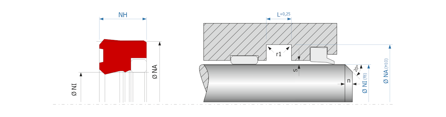 Obrázok zobrazuje príklad použitia a výkres uloženia tesnenia piestnice MEGAseal MSR17E