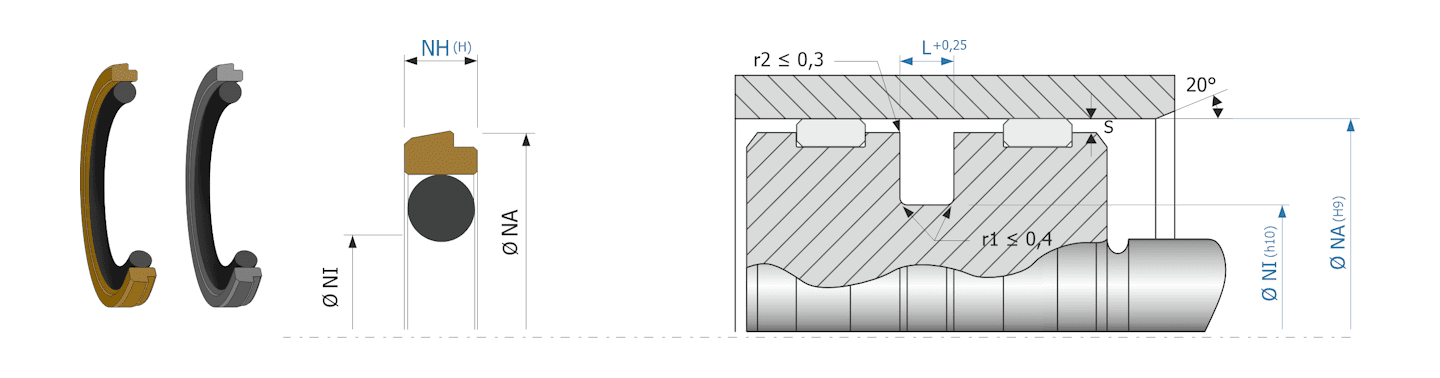 Obrázok zobrazuje príklad použitia a výkres uloženia piestneho tesnenia MEGAseal MSP08B