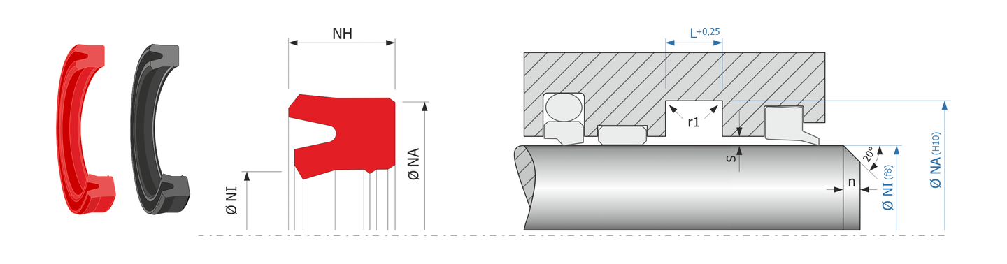 Obrázok zobrazuje príklad použitia a výkres uloženia tesnenia piestnice MEGAseal MSR17