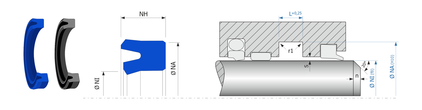 Obrázok zobrazuje príklad použitia a výkres uloženia tesnenia piestnice MEGAseal MSR972