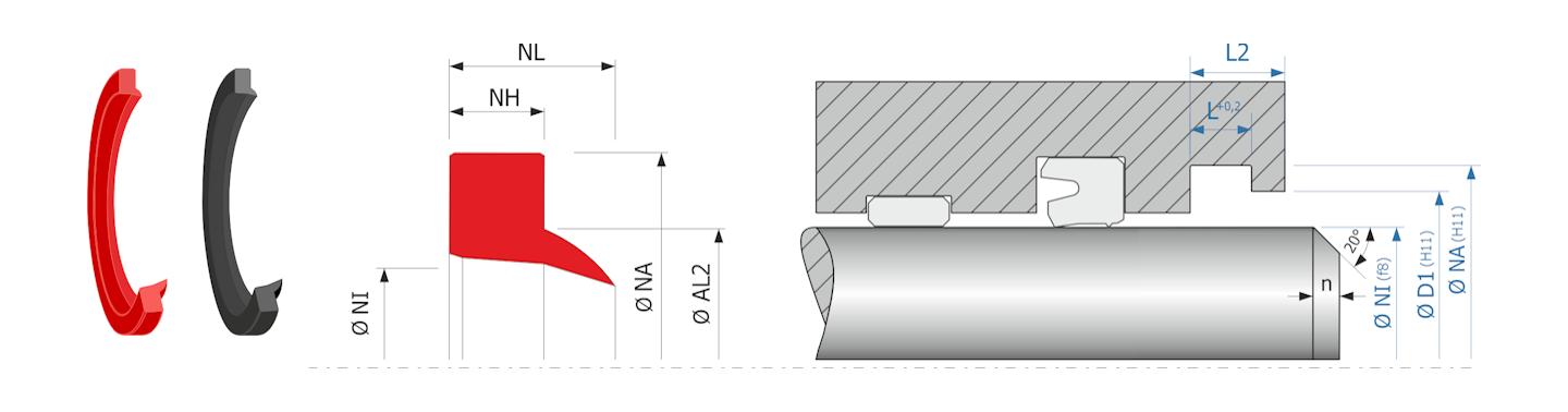 Obrázok zobrazuje príklad použitia a výkres uloženia stieracieho krúžku MEGAseal MSW02D