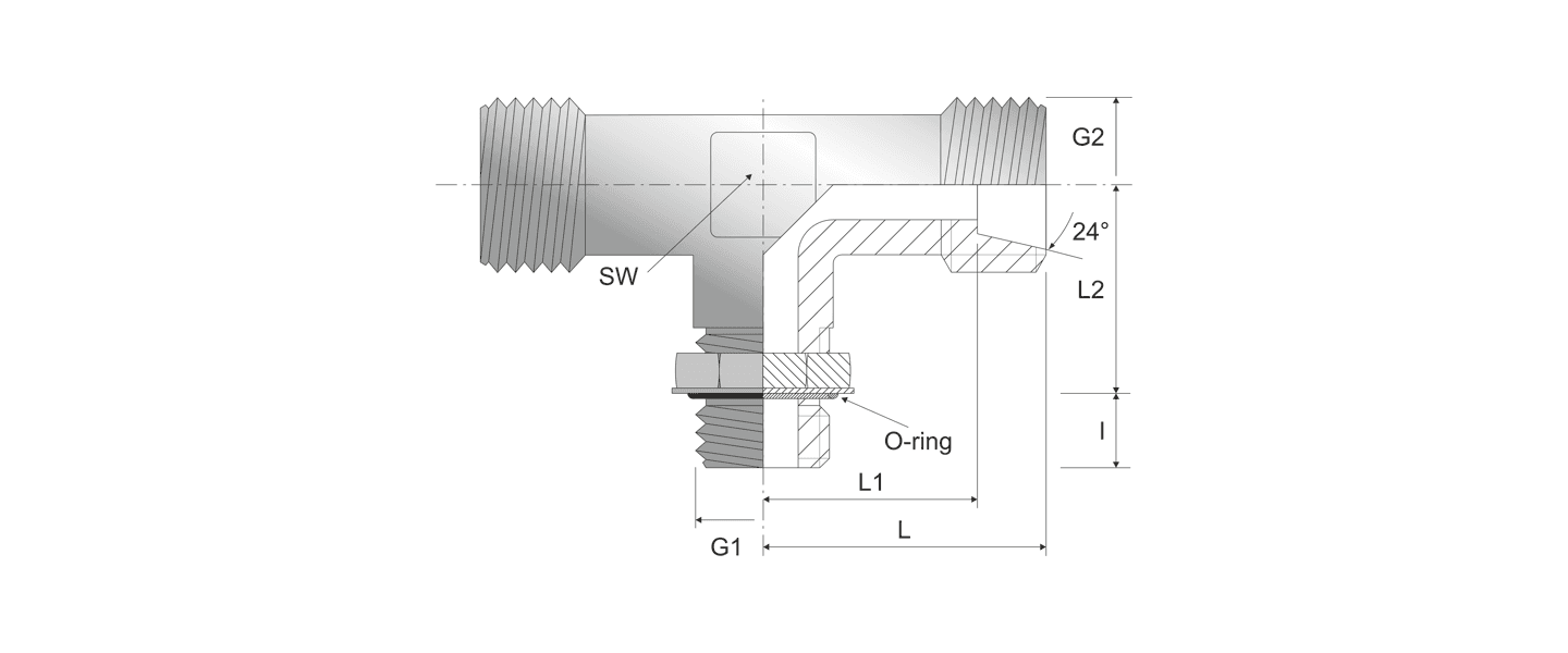 Nákres hydraulickej T hrdlovej spojky s BSPP, typ MA55
