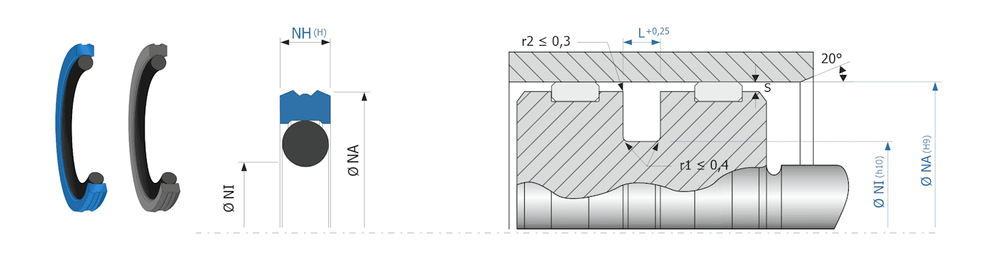 Obrázok zobrazuje príklad použitia a výkres uloženia piestneho tesnenia MEGAseal MSP08AF