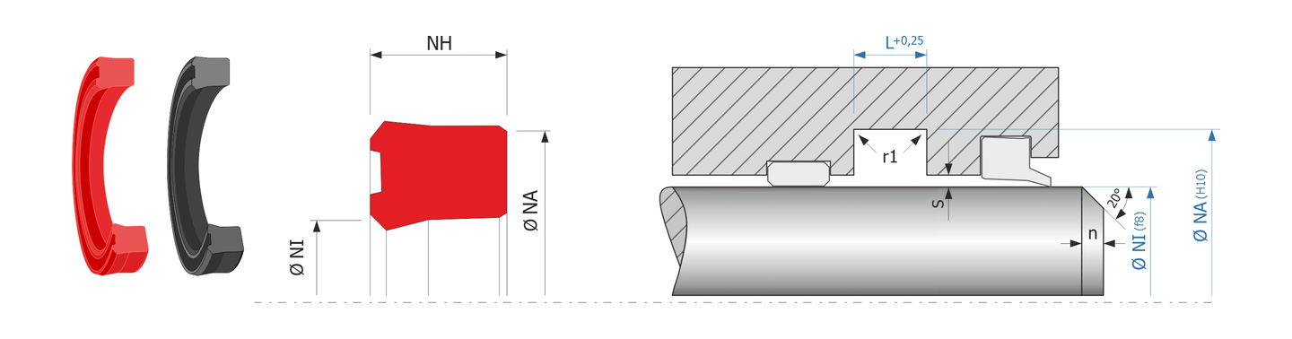 Obrázok zobrazuje príklad použitia a výkres uloženia tesnenia piestnice MEGAseal MSR08