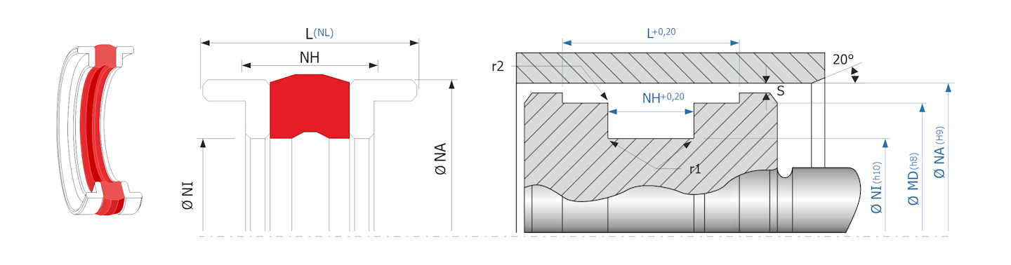 Obrázok zobrazuje príklad použitia a výkres uloženia piestneho tesnenia MEGAseal MSP17A