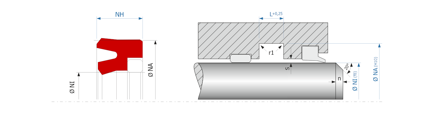 Obrázok zobrazuje príklad použitia a výkres uloženia tesnenia piestnice MEGAseal MSR02A