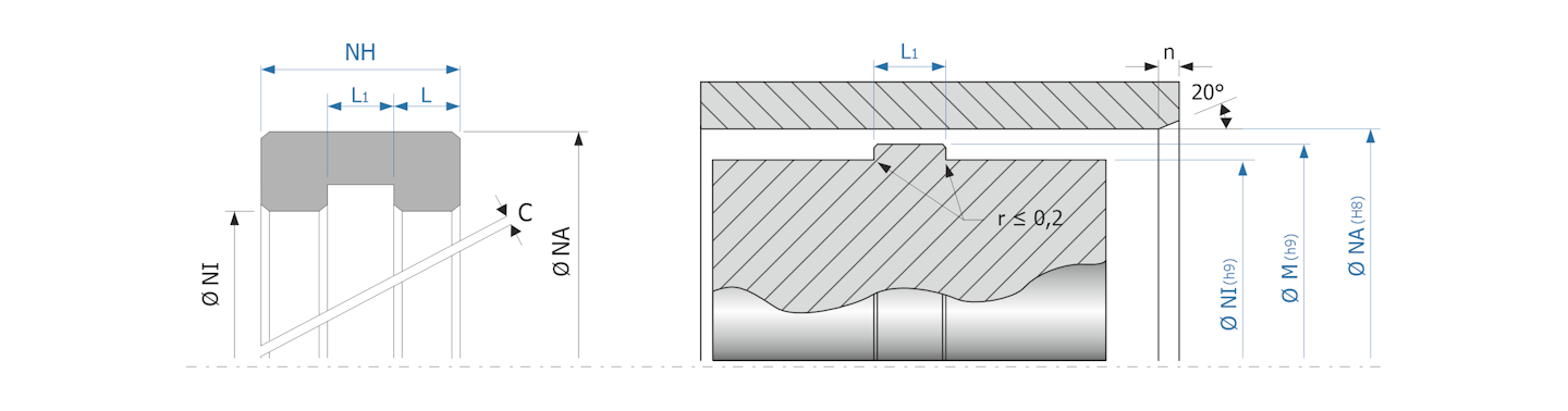 Obrázok zobrazuje príklad použitia a výkres uloženia vodiaceho krúžku tvaru U pre piest, MEGAseal MG07