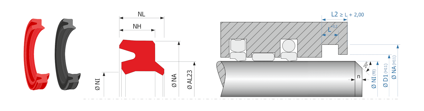 Obrázok zobrazuje príklad použitia a výkres uloženia stieracieho krúžku MEGAseal MSW11