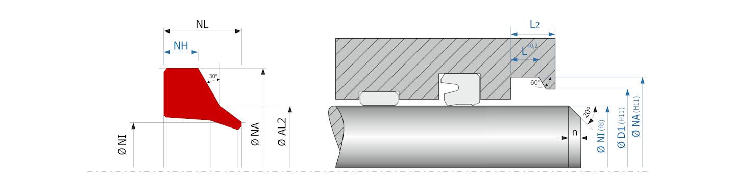 Obrázok zobrazuje príklad použitia a výkres uloženia stieracieho krúžku MEGAseal MSW04