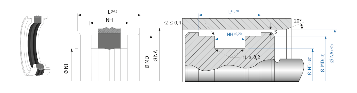 Obrázok zobrazuje príklad použitia a výkres uloženia piestneho tesnenia MEGAseal MSP944