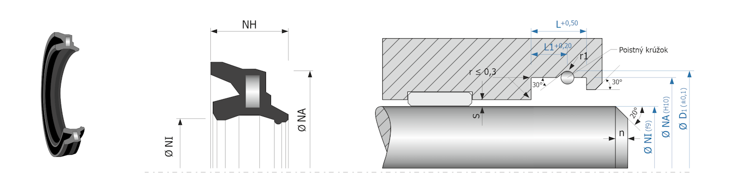 Obrázok zobrazuje príklad použitia a výkres uloženia pneumatického tesnenia MEGAseal MSW986