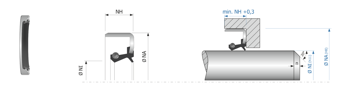 Obrázok zobrazuje príklad použitia a výkres uloženia rotačného tesnenia MEGAseal MOS-B11