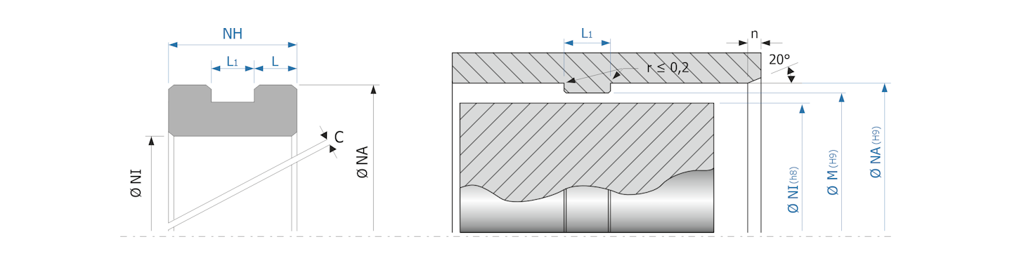Obrázok zobrazuje príklad použitia a výkres uloženia vodiaceho krúžku tvaru U pre piestnu tyč, MEGAseal MG08