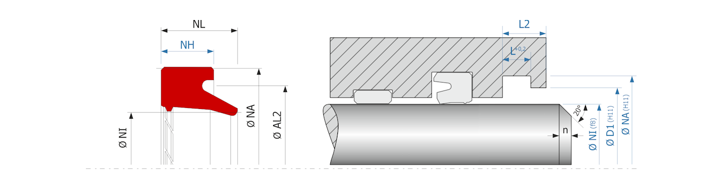 Obrázok zobrazuje príklad použitia a výkres uloženia stieracieho krúžku MEGAseal MSW05C