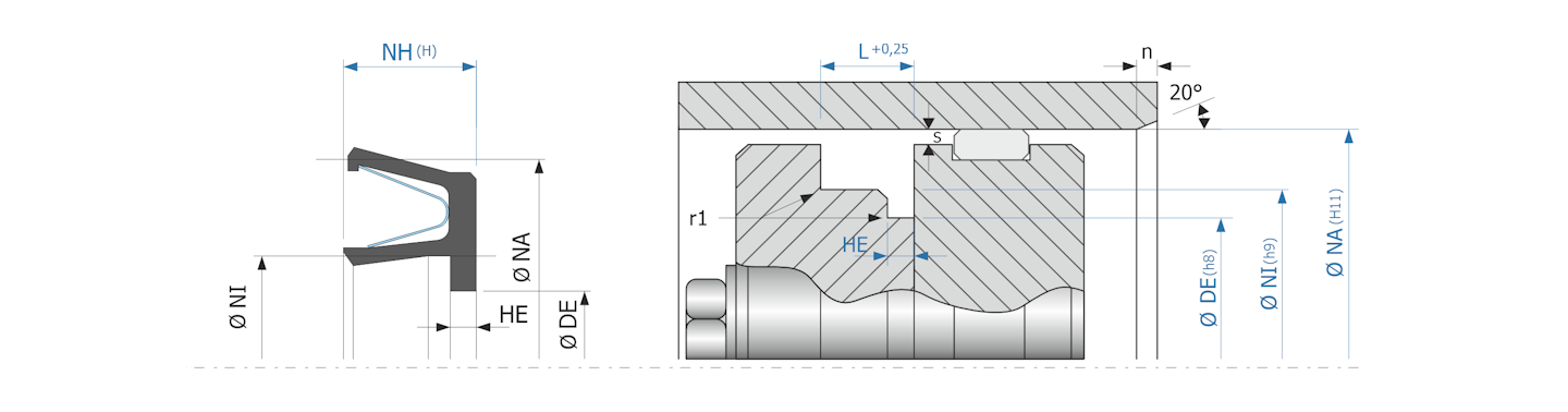 Obrázok zobrazuje príklad použitia a výkres uloženia rotačného tesnenia MEGAseal ROTO MSP19A