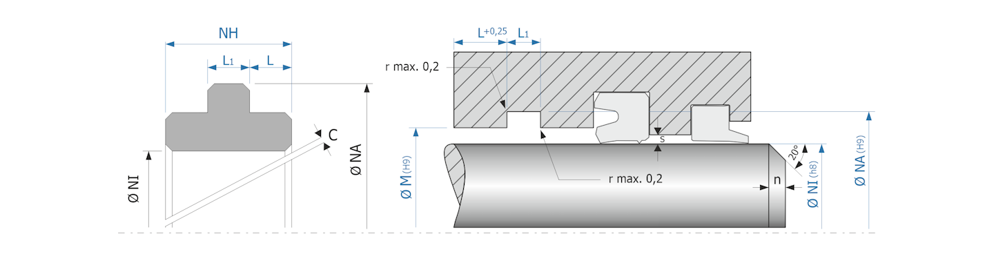 Obrázok zobrazuje príklad použitia a výkres uloženia vodiaceho krúžku tvaru T pre piestnu tyč, MEGAseal MG06