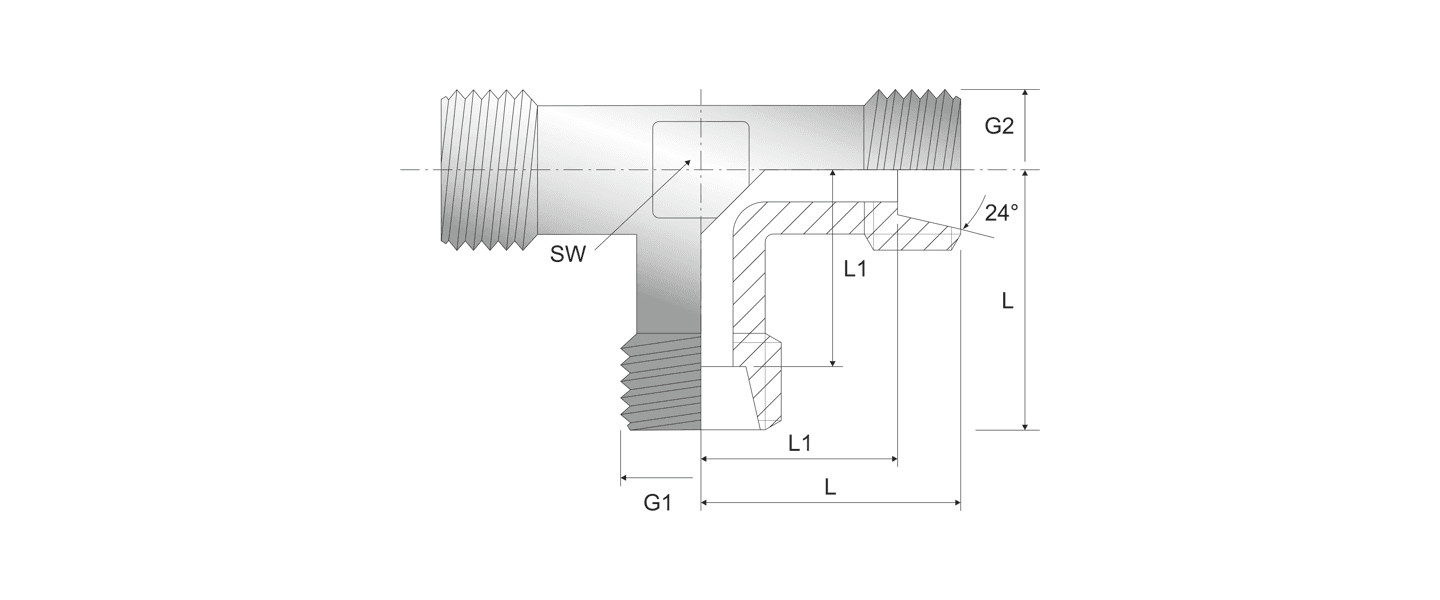 Nákres hydraulickej T spojky, typ MA15