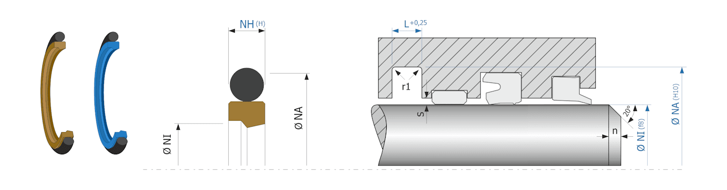 Obrázok zobrazuje príklad použitia a výkres uloženia tesnenia piestnice MEGAseal MSR09B