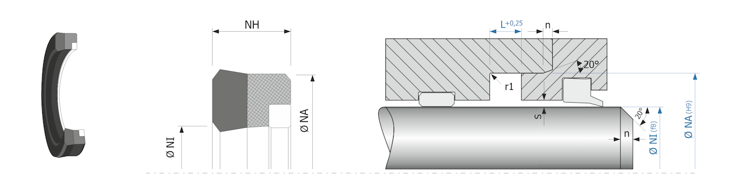 Obrázok zobrazuje príklad použitia a výkres uloženia tesnenia piestnice MEGAseal MSR931