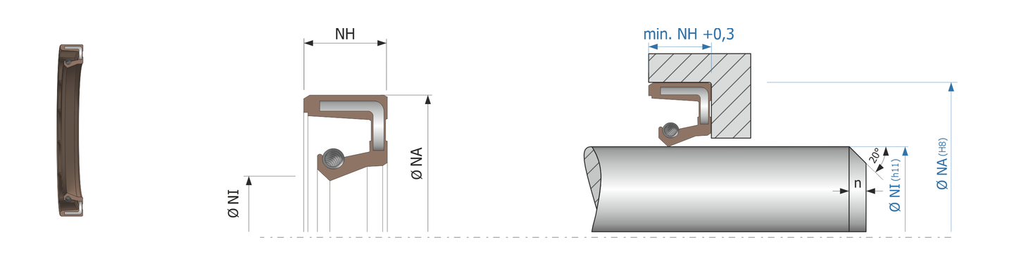 Obrázok zobrazuje príklad použitia a výkres uloženia rotačného tesnenia MEGAseal MOS-F10