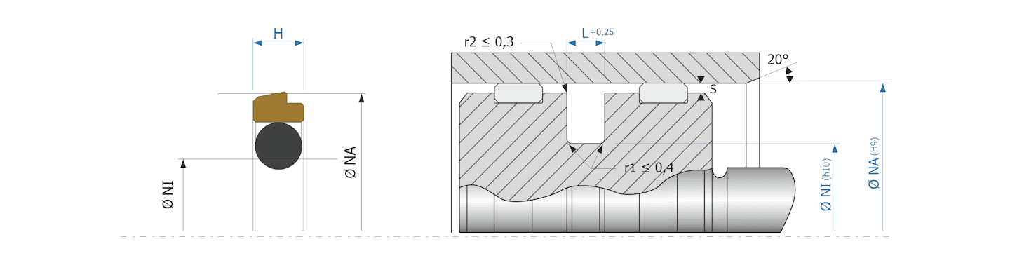 Obrázok zobrazuje príklad použitia a výkres uloženia piestneho tesnenia MEGAseal MSP08B