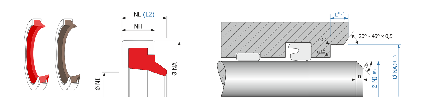 Obrázok zobrazuje príklad použitia a výkres uloženia stieracieho krúžku MEGAseal MSW03
