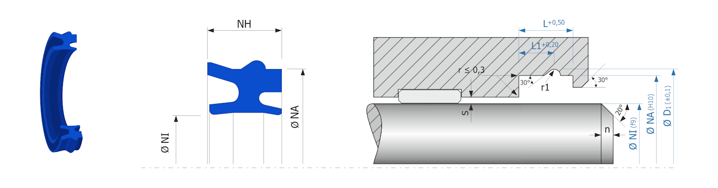 Obrázok zobrazuje príklad použitia a výkres uloženia pneumatického tesnenia MEGAseal MSR985