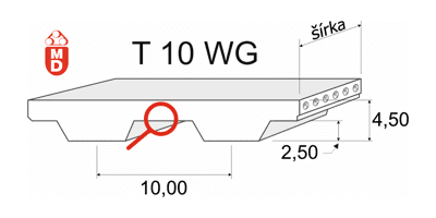 Obrázok zobrazuje profil polyuretánového ozubeného remeňa MEGAlinear T10 Without Gap