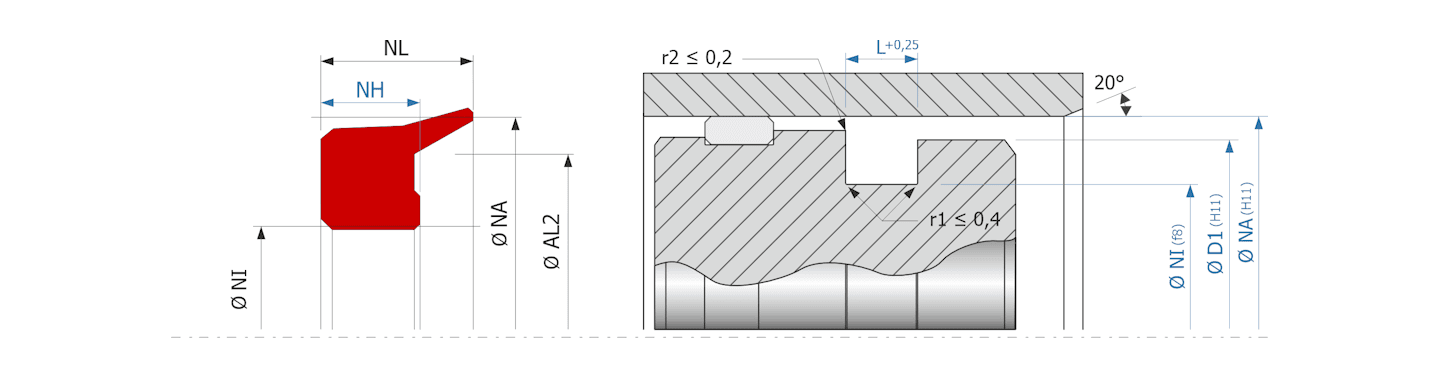 Obrázok zobrazuje príklad použitia a výkres uloženia stieracieho krúžku MEGAseal MSW18