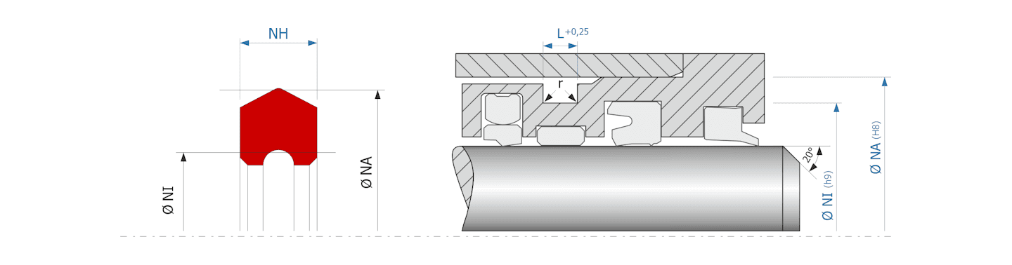 Obrázok zobrazuje príklad použitia a výkres uloženia piestneho tesnenia MEGAseal MSP35A