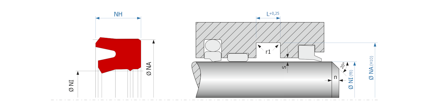 Obrázok zobrazuje príklad použitia a výkres uloženia tesnenia piestnice MEGAseal MSR17