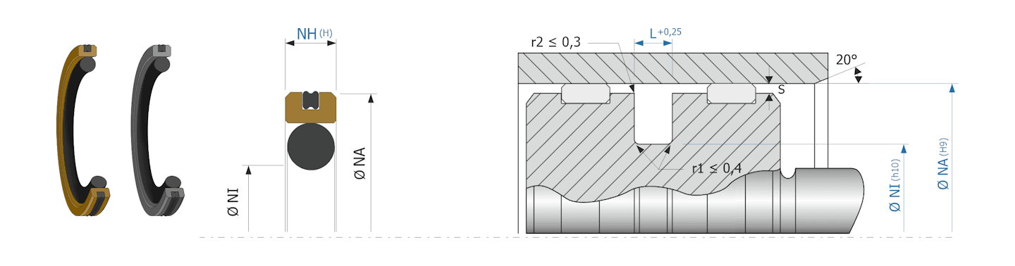 Obrázok zobrazuje príklad použitia a výkres uloženia piestneho tesnenia MEGAseal MSP08C