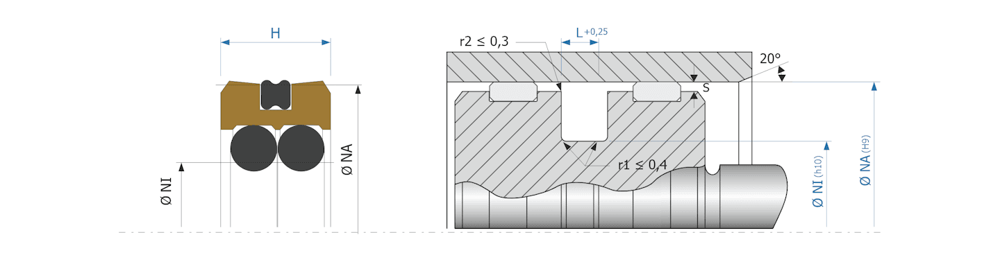 Obrázok zobrazuje príklad použitia a výkres uloženia piestneho tesnenia MEGAseal MSP08D