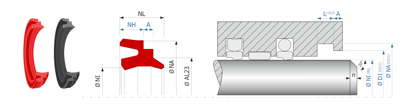 Obrázok zobrazuje príklad použitia a výkres uloženia stieracieho krúžku MEGAseal MSW12