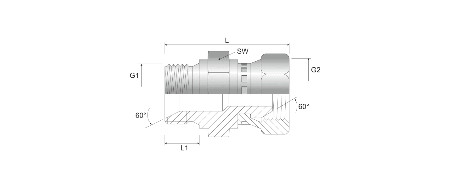 Nákres priamej hydraulickej maticovej BSPP spojky, typ MA120