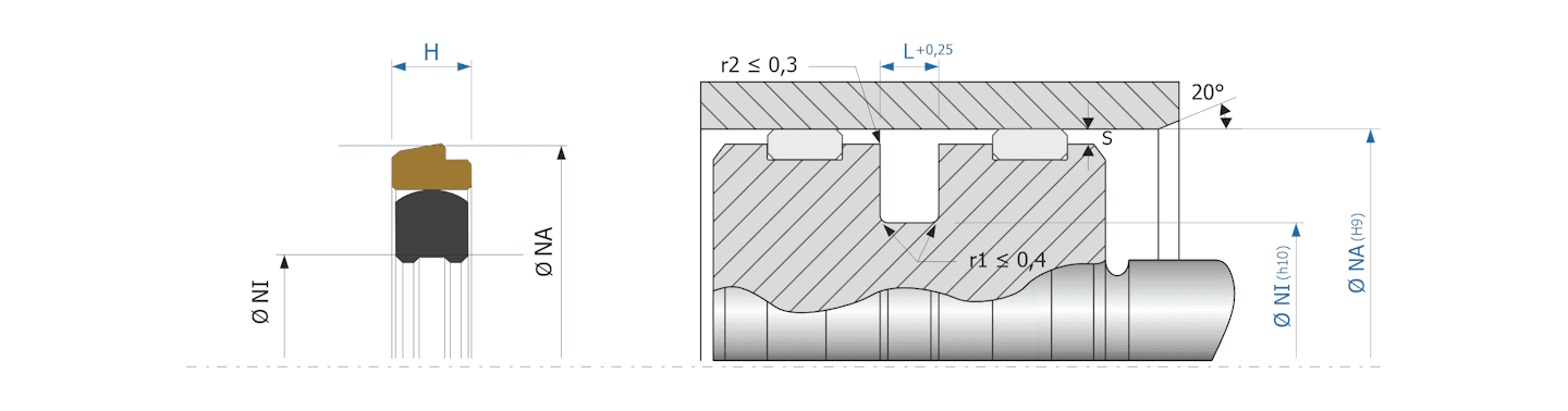 Obrázok zobrazuje príklad použitia a výkres uloženia piestneho tesnenia MEGAseal MSP81B