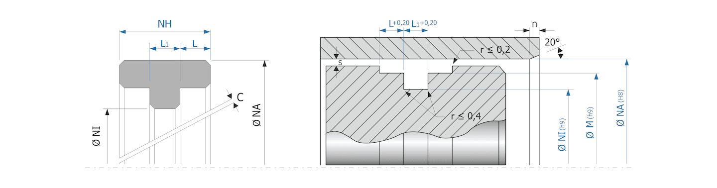 Obrázok zobrazuje príklad použitia a výkres uložení vodiacich krúžkov v tvare T, pre piest, MEGAseal MG05