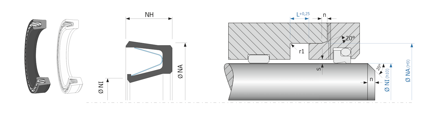 Obrázok zobrazuje príklad použitia a výkres uloženia tesnenia piestnice MEGAseal MSR19