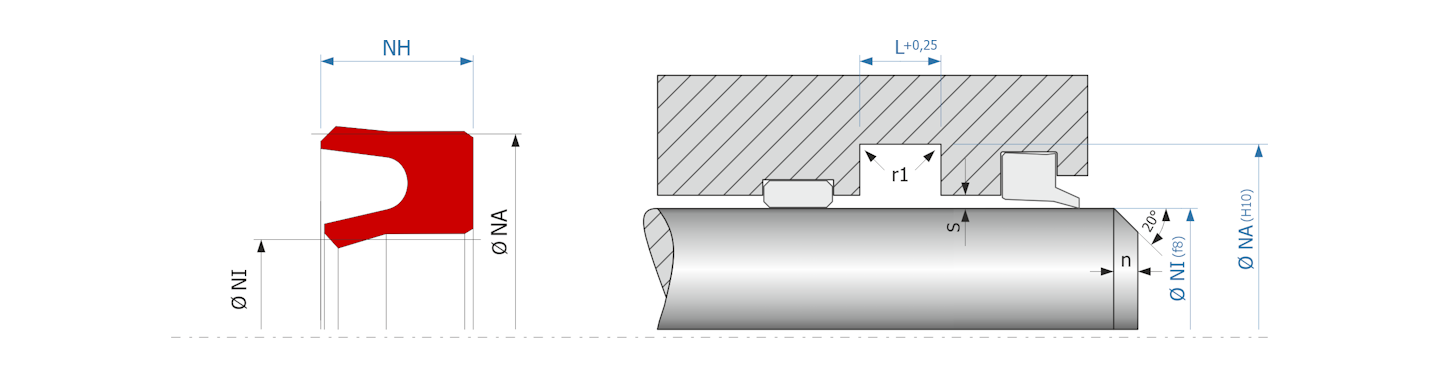 Obrázok zobrazuje príklad použitia a výkres uloženia tesnenia piestnice MEGAseal MSR01A