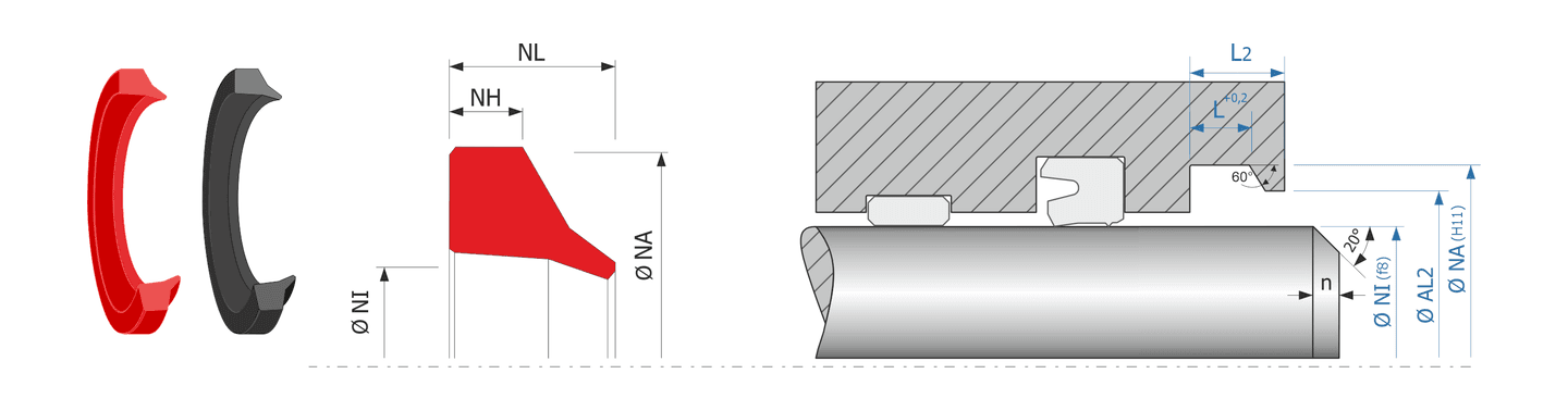 Obrázok zobrazuje príklad použitia a výkres uloženia stieracieho krúžku MEGAseal MSW04