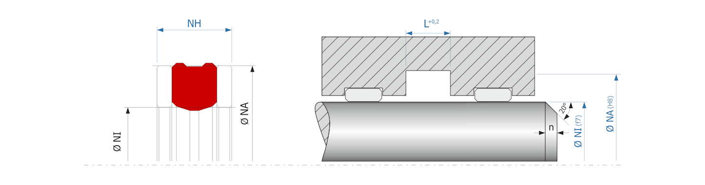 Obrázok zobrazuje príklad použitia a výkres uloženia rotačného tesnenia MEGAseal ROTO MR03