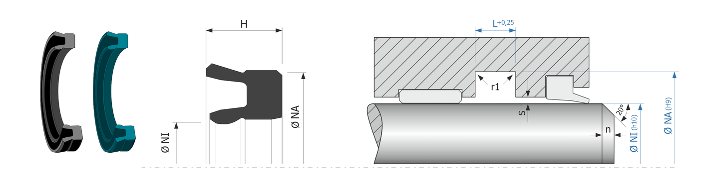 Obrázok zobrazuje príklad použitia a výkres uloženia pneumatického tesnenia MEGAseal MSR05A