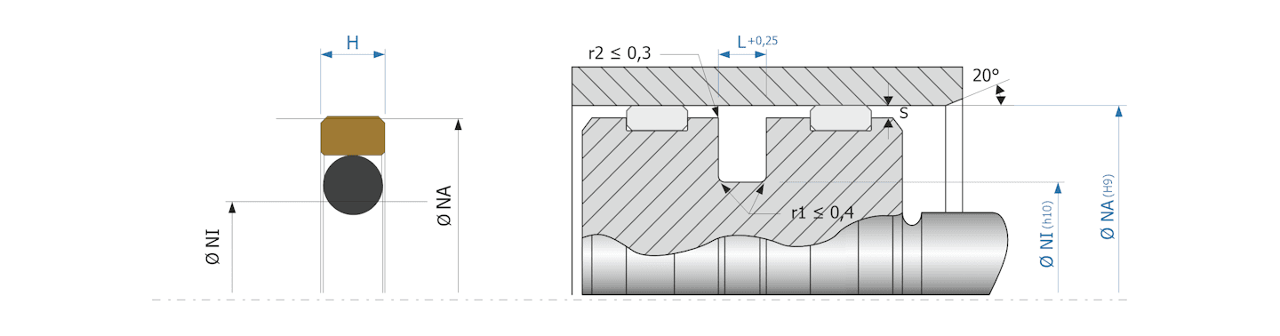 Obrázok zobrazuje príklad použitia a výkres uloženia piestneho tesnenia MEGAseal MSP08