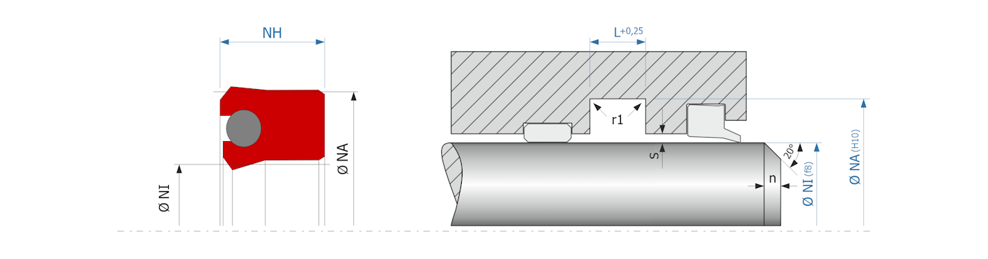 Obrázok zobrazuje príklad použitia a výkres uloženia tesnenia piestnice MEGAseal MSR03