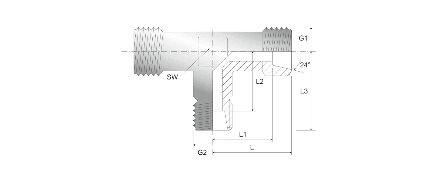 Nákres hydraulickej T redukcie spodnej, typ MA16