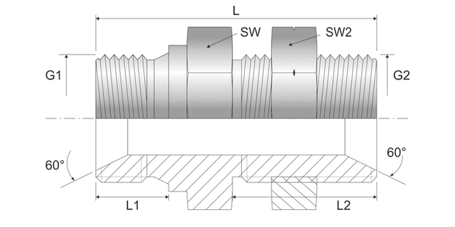 Obrázok zobrazuje priamu hydraulickú panelovú spojku s BSPP závitom, typ MA112
