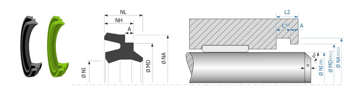 Obrázok zobrazuje príklad použitia a výkres uloženia pneumatického tesnenia MEGAseal MSW12P